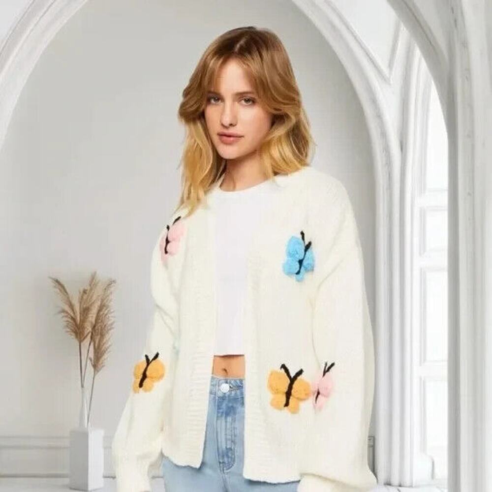 Womens Luna Ivy Cardigan 3-D Butterflies Cream Button front Cardigan